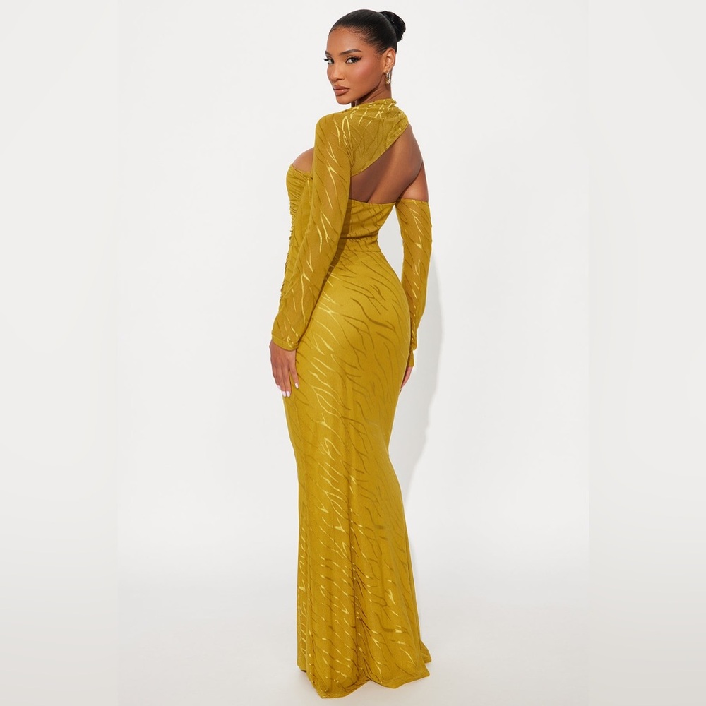 Golden Mustard Long Sleeve Cutout Evening Gown
